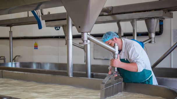 Un dipendente di una fabbrica di formaggio che fa la cagliata
 - Foto, immagini