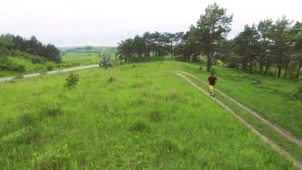 Aerial view of sportsman running cross on the lawn. Camera follow behind 4k - Záběry, video