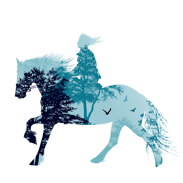 Horse rider silhouette with landscape  - Vector, imagen
