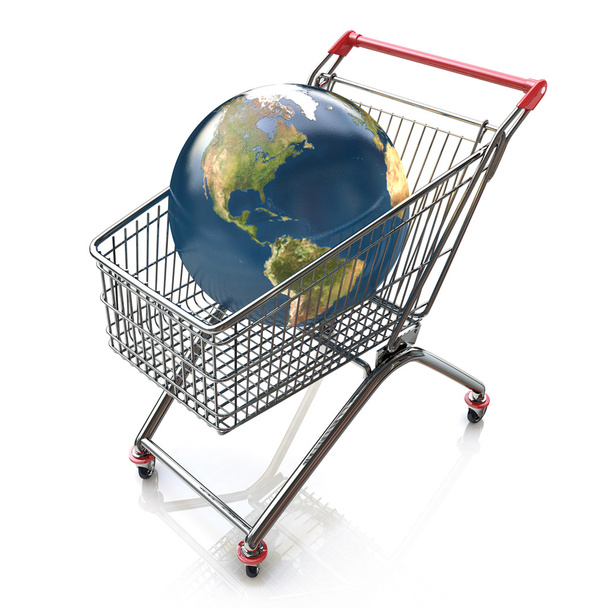 Global shopping concept with shopping cart containing globe - 写真・画像
