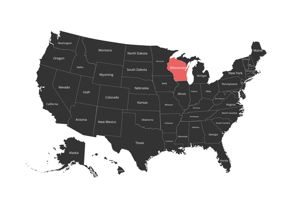 Karte der USA. Bild mit Beschneidungspfad und Namen der Staaten. Staatszeichen. Vektorillustration. - Vektor, Bild