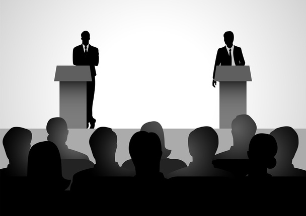 Two men figure debating on podium - Vector, Image