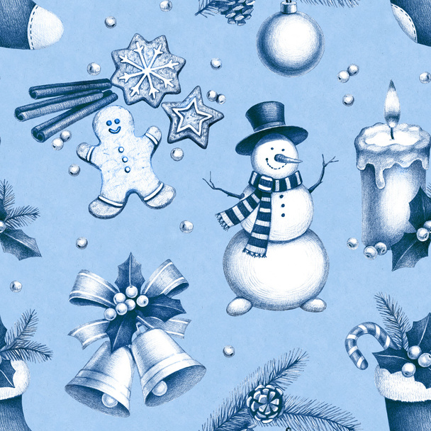 Pencil drawings of Christmas decorations. Seamless pattern - Fotografie, Obrázek