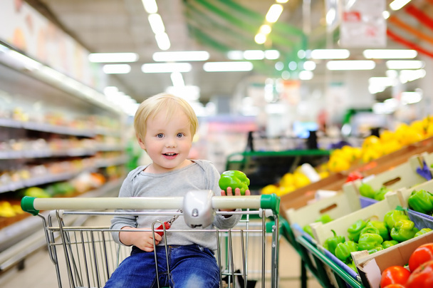 Toddler boy sitting in the shopping cart in a supermarket - Foto, afbeelding
