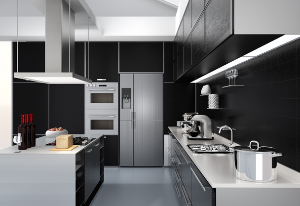 Modern konyha lakberendezés és intelligens készülékek, a fekete szín-koordináció - Fotó, kép