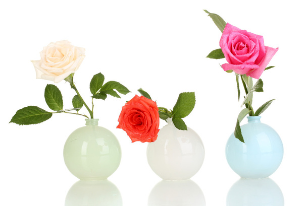 Beautiful roses in vases isolated on white - Foto, afbeelding