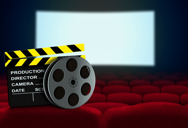 Kino sedadlo s klapku a film naviják čelí filmového plátna - Fotografie, Obrázek