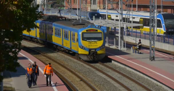 Woman at Platphorm Train Arrived Workers Are Walking Two Blue and Yellow Passenger Electric Trains Are Standing at Railway Station Doors Are Closed - Metraje, vídeo