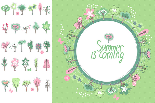Summer greeting card. Phrase Summer is coming. Blossoming trees and flowers. Round frame. Template for your design, festive greeting cards,  announcements, posters. - ベクター画像