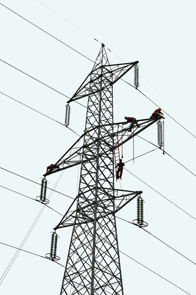 Trabajadores en el trabajo sobre la tensión del enrejado para el mantenimiento de la electricidad
 - Foto, Imagen