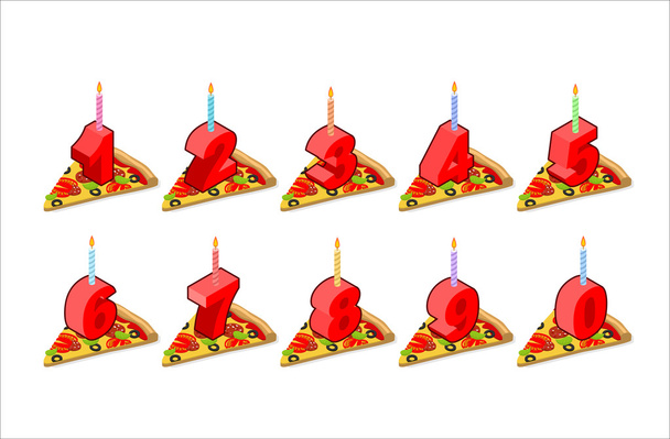 Pizza and  birthday numbers candles set. holiday pizza slice iso - Vector, Image