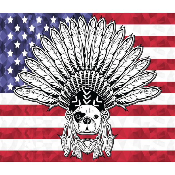 Πολεμιστής στυλ γαλλικό μπουλντόγκ με φυλετικές κόμμωση με τα απλά φτερά στο λευκό και το μαύρο συμβολίζει native αμερικανικό λαό και ημέρα ανεξαρτησίας στην αμερικανική σημαία σε χαμηλή πολυ στυλ  - Διάνυσμα, εικόνα