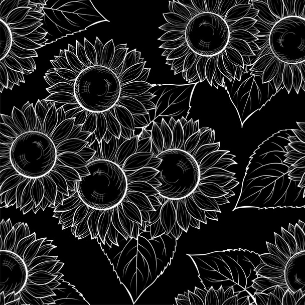 beautiful monochrome black and white seamless background with sunflowers. Hand-drawn contour lines and strokes.  - Вектор, зображення
