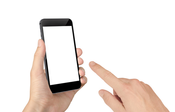 Man hand touch smart phone with isolated blank screen for mockup. - Photo, Image
