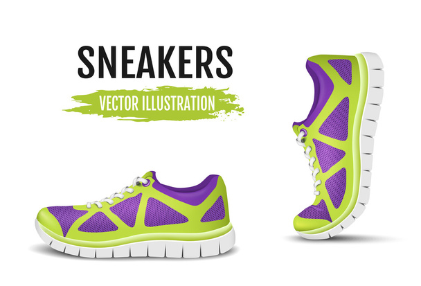 Background of two running shoes. Colorful sport shoes for running and colorful curved sport shoes for running. Vector illustration - Vettoriali, immagini