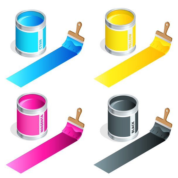 Bottles of ink in cmyk colors and paint brush on white isolated background. Flat 3d vector isometric illustration. - Vector, Image
