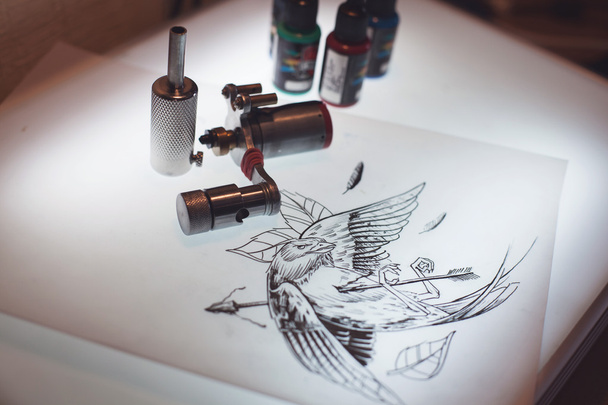 Tattoo equipment and scetch - Photo, Image
