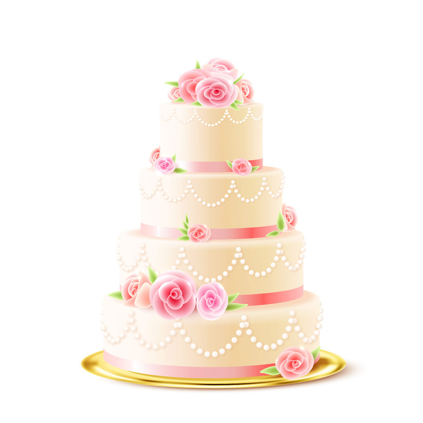 Classic Wedding Cake With Roses Realistic - Vektor, obrázek