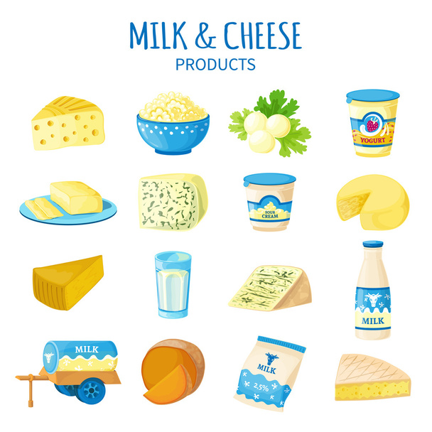 Melk en kaas icons set - Vector, afbeelding