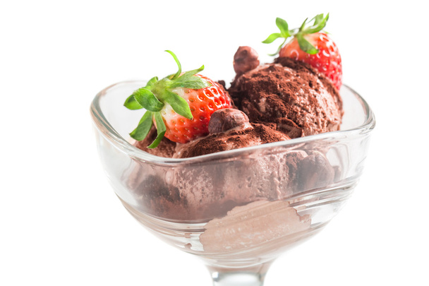 Chocolate ice cream with strawberry on white background - Photo, Image