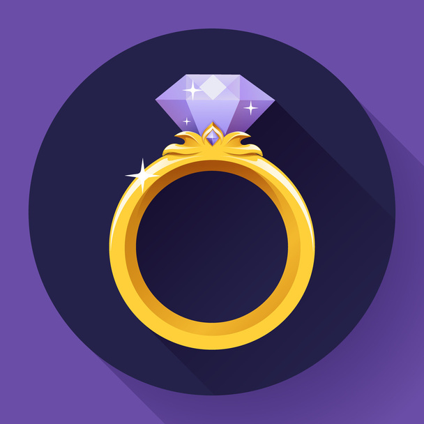 Złoty pierścionek diament ikona. Płaskie 2.0 wektor stylu projektu z długi cień - Wektor, obraz