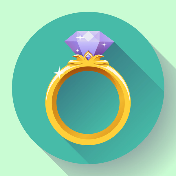 Diamond gold ring icon. Flat 2.0 vector design style with long shadow - Vector, Image
