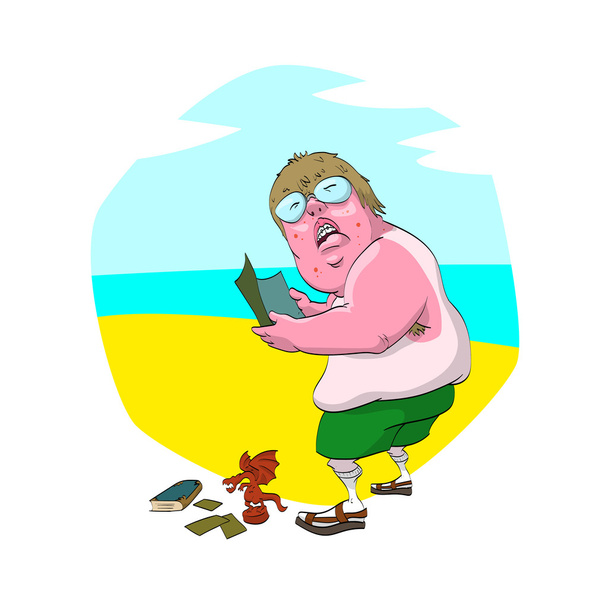 Nerd tłuszczu na plaży - Wektor, obraz