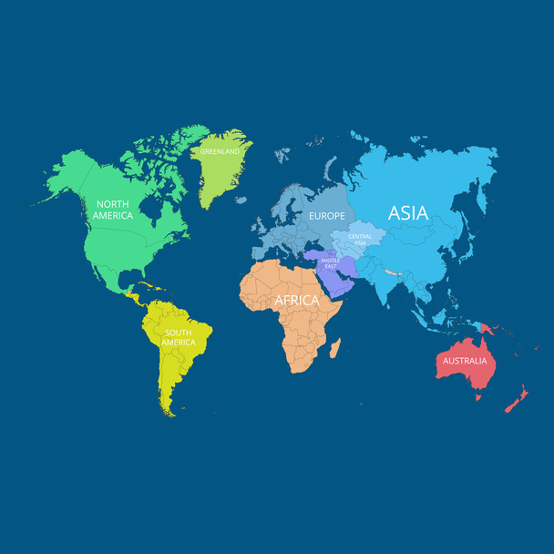 Carte du monde avec les noms des continents. Illustration vectorielle
. - Vecteur, image
