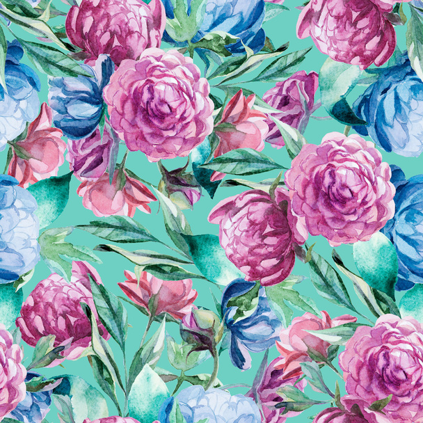Seamless pattern of watercolor blue and red peonies and leaves - Фото, изображение