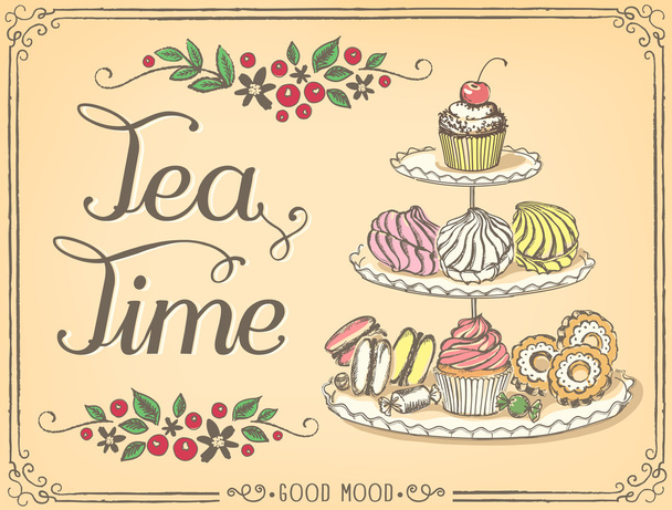 Retro illusztráció idő tea, édes sütemények és cupcakes - Vektor, kép