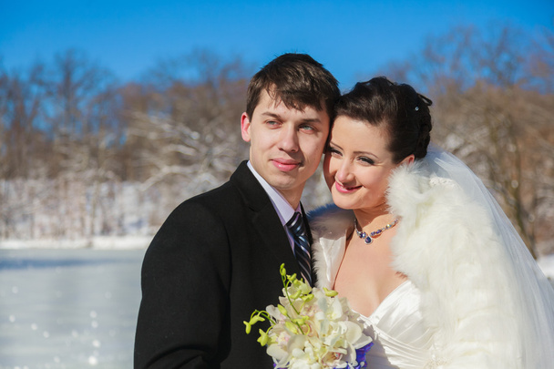mariée et marié dans le lac d'hiver
 - Photo, image