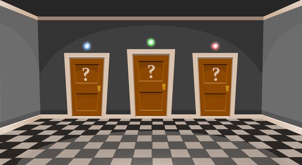Cartoon "Wählen Sie eine Tür" Konzept. leeres Zimmer mit drei Türen im grauen Stil. Vektorillustration - Vektor, Bild