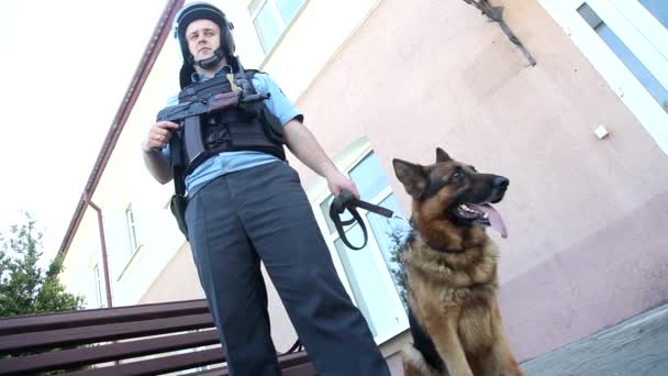 ein Polizist mit Waffe und Hund - Filmmaterial, Video