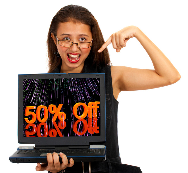 Дівчина з п'ятдесяти відсотків екрану показує продажу знижки 50 відсотків
 - Фото, зображення