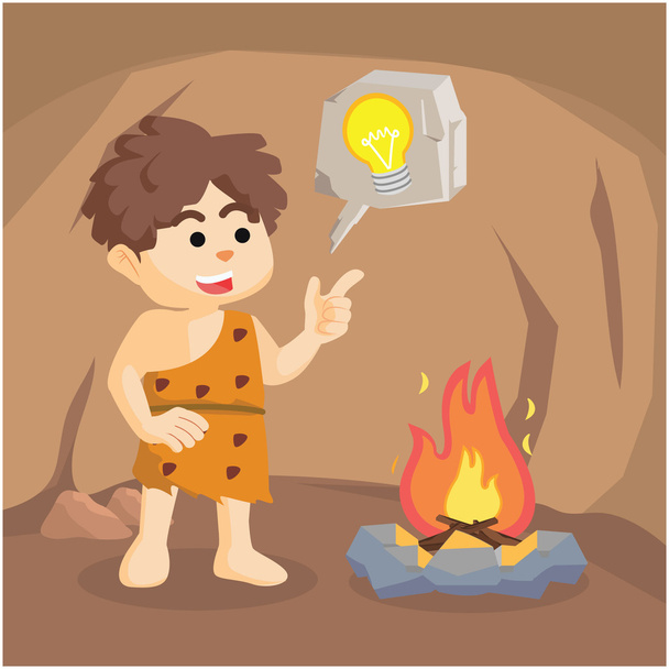 Caveman boy was looking at the fire, he found the idea - ベクター画像