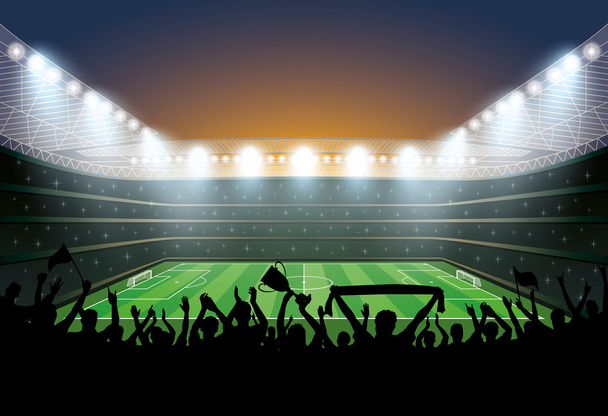 Excited crowd of people at a soccer stadium. Football stadium. - Vector, Image