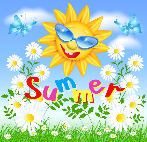 Smiling sun in glasses with daisy - Vector, Imagen