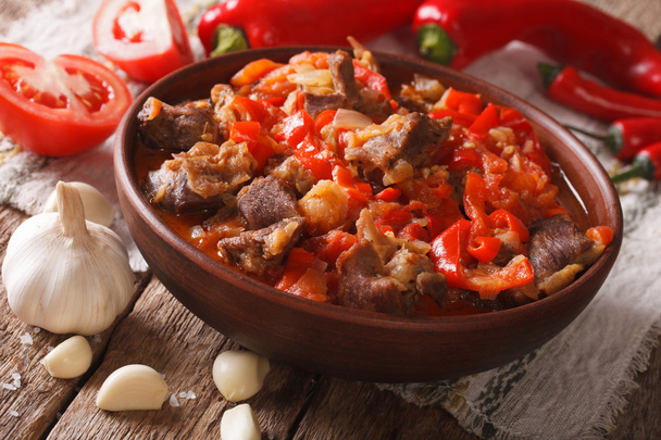 Oriental cuisine: lamb slow stewed with vegetables in a bowl clo - Photo, Image