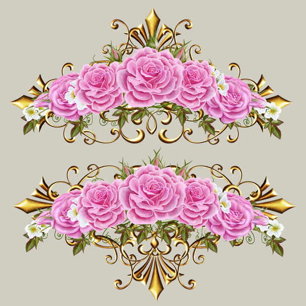 Bouquet of pink and pastel roses in a gold frame. Old style. Gold weave. Isolated. - Valokuva, kuva
