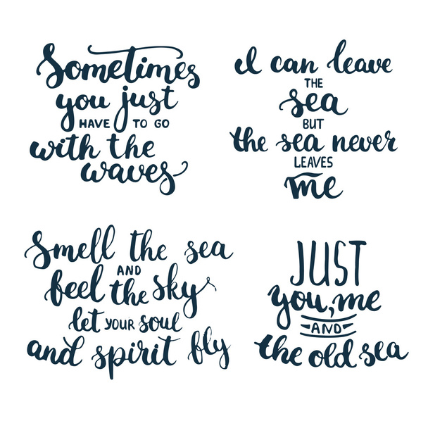Hand drawn typography lettering phrases set about sea, ocean and summer time. Modern calligraphy for typography greeting and invitation card for sea summer beach party. - Wektor, obraz