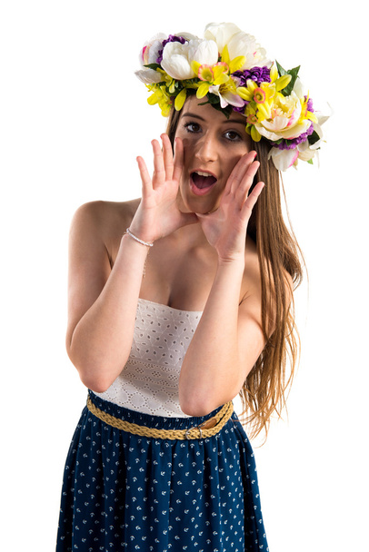 Girl with crown of flowers shouting - Zdjęcie, obraz