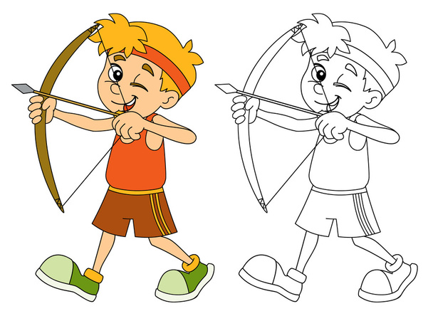 Kid shooting - bow - with coloring page - Φωτογραφία, εικόνα