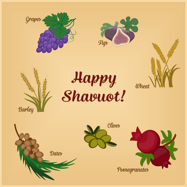 Seven Species of the Shavuot, set with inscription - Vector, Image