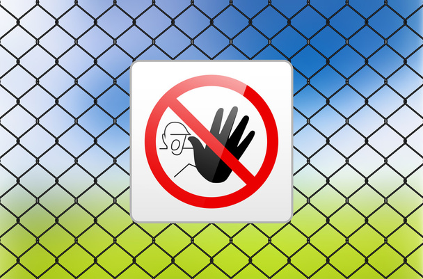Metal sign RESTRICTED AREA - NO ENTRY on metal fence - Vector, Image
