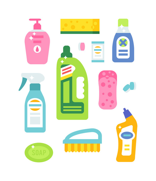 Hausreinigung Hygiene und Produkte Flachvektorsymbole Set - Vektor, Bild