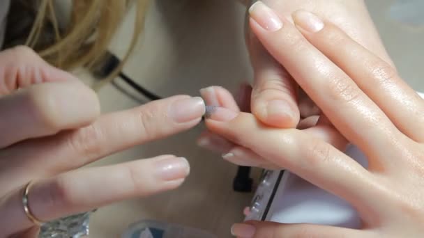 Technicien ongles donnant au client une manucure au salon des ongles. Jeune femme recevant une manucure française
. - Séquence, vidéo