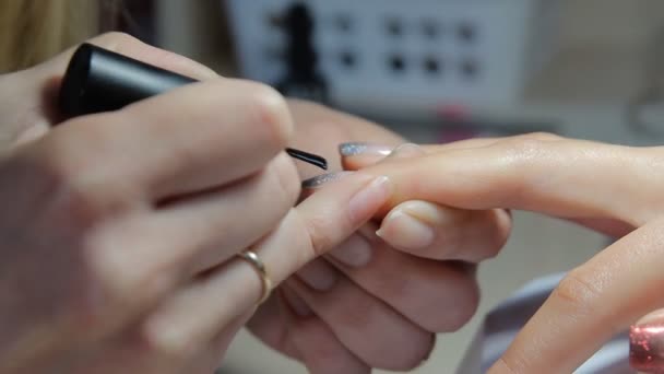 Técnico de unhas dando ao cliente uma manicure no salão de beleza. Jovem mulher recebendo uma manicure francesa
. - Filmagem, Vídeo