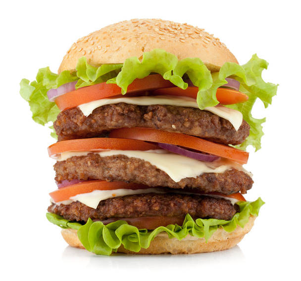 μεγάλο burger με το βόειο κρέας, τυρί, κρεμμύδι και ντομάτα - Φωτογραφία, εικόνα