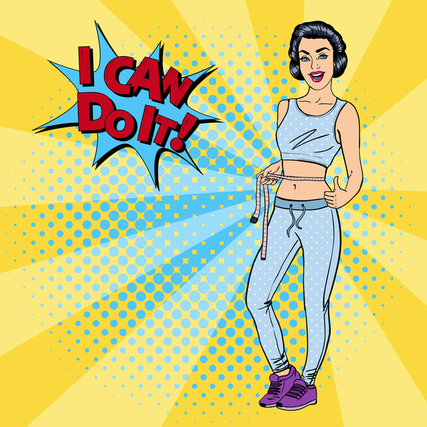 Woman with Tape-measure. Fit Woman. Healthy Lifestyle. Pop Art. Vector illustration - Vector, Image
