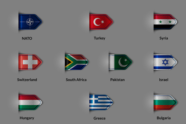 Set of flags in the form of a glossy textured label or bookmark. NATO Turkey  Syria Switzerland SOUTH AFRICA  Pakistan  Israel Hungary Greece Bulgaria.  - Vetor, Imagem